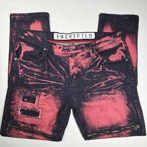 Encrypted Mens 38 Black Red Acid Wash Jeans Distressed Moto Zipper Street Emo EC